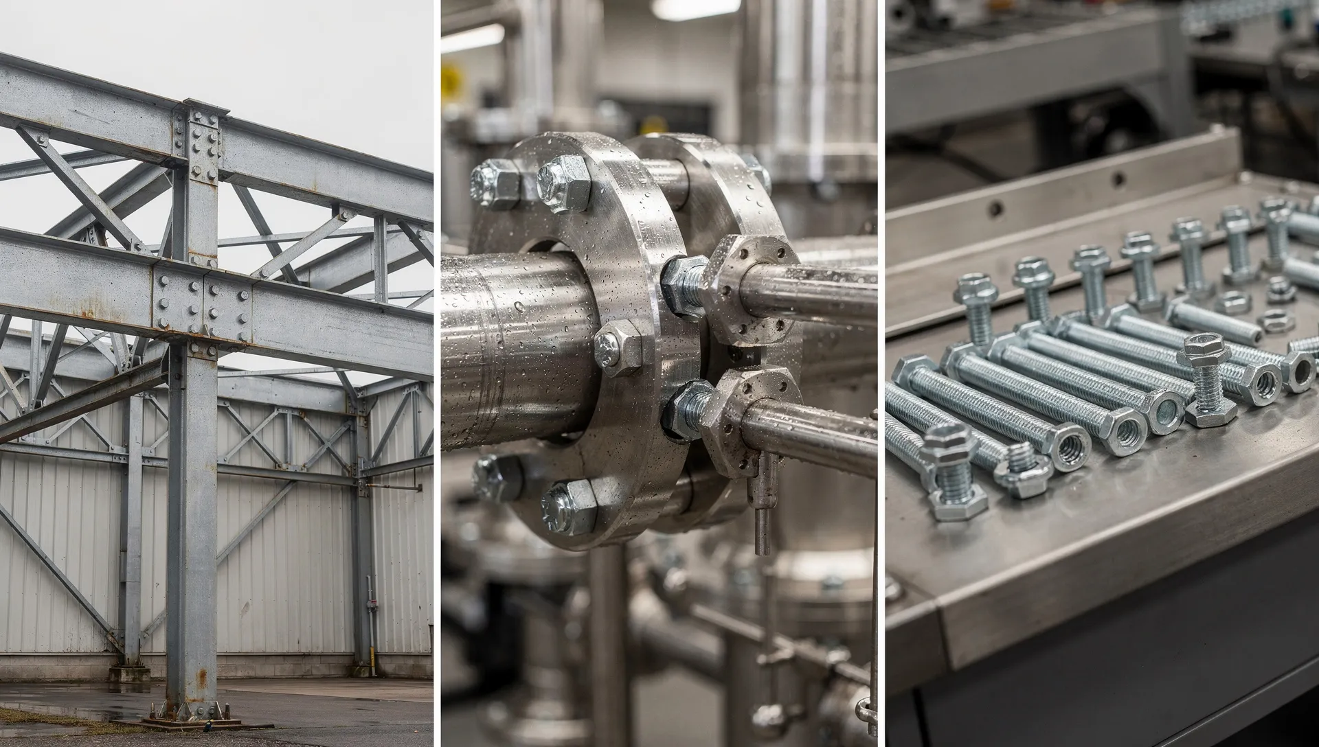 Confronto fotografico tra bulloneria zincata e inox in capannone esterno, impianto umido e macchina industriale interna